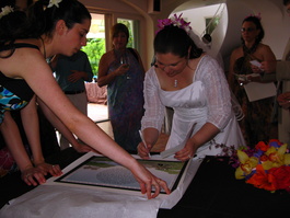 Nancy signs the ketubbah, the Jewish wedding contract