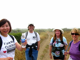 The fog hangs thick as Jing, Joe, Deb, and
                       Pam hit the trail