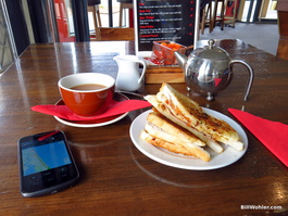 Enjoying a warm tea and toasties while I review my route