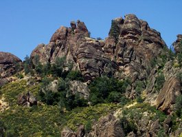 High Peaks closeup, showing lunch spot under left crag level with pass