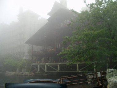 The lodge takes on a ghostly character in the fog