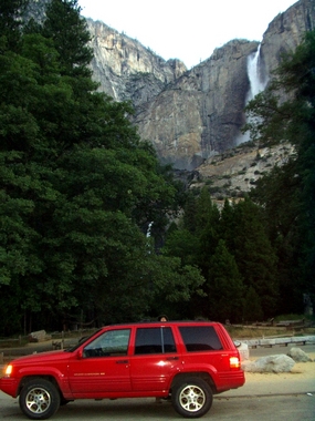 Jeep under Yosemite Falls