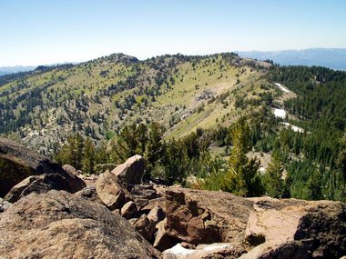 View west from Rose Knob Peak including unnamed ridge, Rose Knob, and rock below Rifle Peak hidden behind Rose Knob