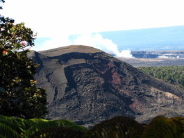 Kilauea Iki, with Halema'uma'u Crater smoking behind
