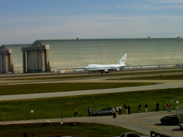 SOFIA's landing with Hangars Two and Three in the background