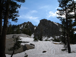 The peak behind George Lake with tracks
                            from my “boot skiing” leading down
                            to our campsite