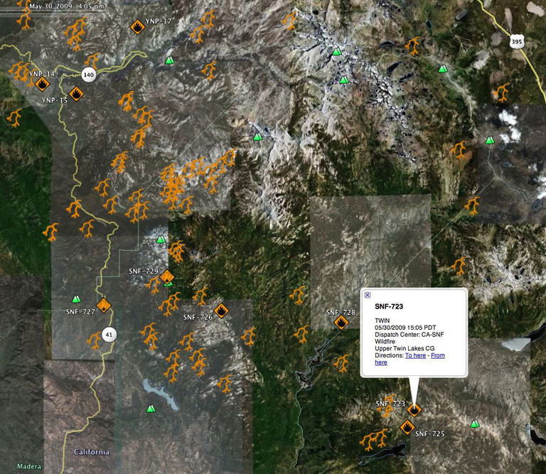 A Google Earth mashup with lightning
                            strikes and reported fires—including
                            ours—at the time