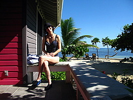 Lori outside our villa, named Fuchsia