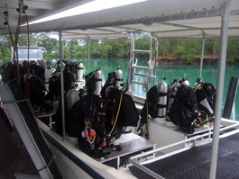 The skiff is loaded and ready for a dive (Photo by Mark Harrison)