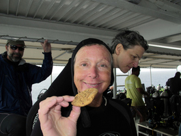 Wendy enjoys her peanut-butter cookie, while Lori looks for sharks (Photo by John Schwind)