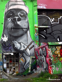 Large seal mural at a skateboard park