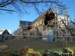 The Cathedral with fallen tower and collapsed stained glass window