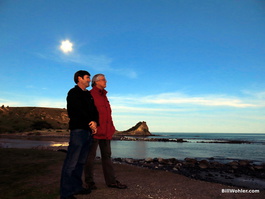 Bill and Juergen look across the bay to Christchurch