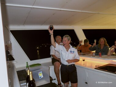 With the boat tied to the dock, Amanda, Rob, and the rest of the crew can enjoy Happy Hour with us