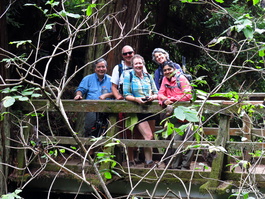 Dave, Dave, Deb, Lori, and Rucha on the bridge at the Dipsea and Steep Ravine intersection