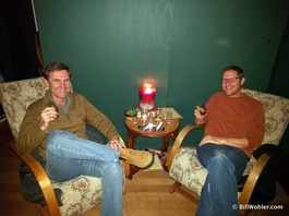 Bill and Ed enjoy their whisky in comfy chairs (photo by friendly waiter)