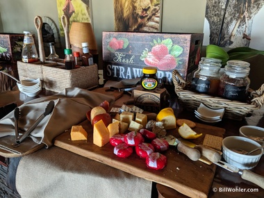 Breakfast spread, including cheese and Marmite...