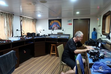The awesome camera room aboard the Blue Manta (where PJ tirelessly edits his video)