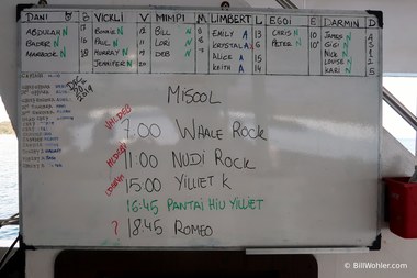 The board on the dive deck listing the names of the crew, the groups of divers and their divemaster, and dives for the day showing the departure order