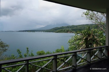 View from our deck at the Lembeh Resort toward the volcanoes and port