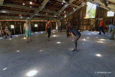 The Guardians, 2013, Nicole Buffett, Mud, grass, gravel, water, earth-based or mineral-based paint pigment, https://djerassi.org/sculptures/the-guardians/. Eclipse, 2016, Paola Cabal, Ready-made frames, archival paper, removable spray paint, projection, https://djerassi.org/sculptures/eclipse/