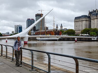 The Puente de la Mujer (https://en.wikipedia.org/wiki/Puente_de_la_Mujer) looks just like the Samuel Beckett Bridge in Dublin, which isn't surprising since Santiago Calatrava designed both to swing 90 degrees to allow boats to pass by