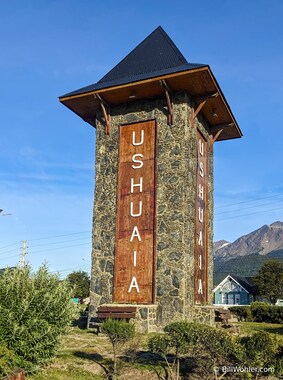 We pass by the Ushuaia sign downtown on the way to the airport