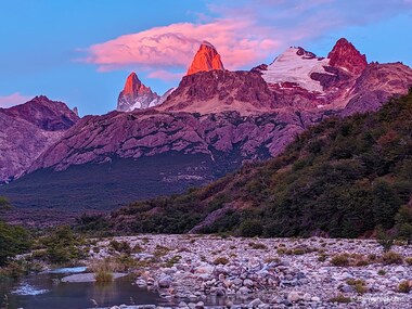 The sunrise paints the Fitz Roy in vivid colors
