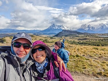 Lori and I with the Torres del Paine mountain range behind