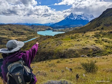 Lori points out the Paine Grande in the background, or guanacos in the foreground, I don't know