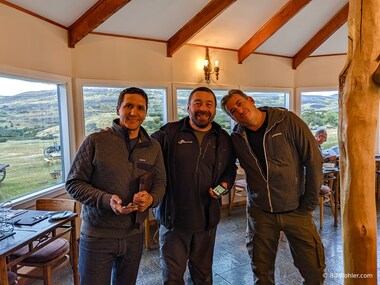José, Carlos, and Pablo in the restaurant at the Hotel Las Torres Patagonia
