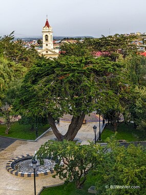 One last shot of the park across the street from our hotel with the Catedral de Punta Arenas beyond