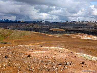 The Krafla volcanic system, with the volcano that erupted most recently at left and the boiling lake we visited earlier at right