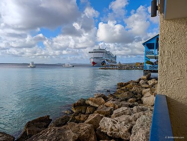 The view from our balcony to the right, which usually had a large cruise ship in it
