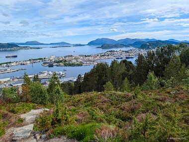 A view of &Aring;lesund during the climb to the top of Sukkertoppen