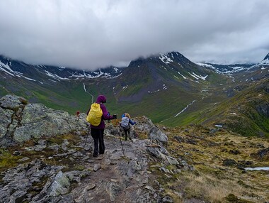 Lori and Jobie start the descent on the other side of the mountain.